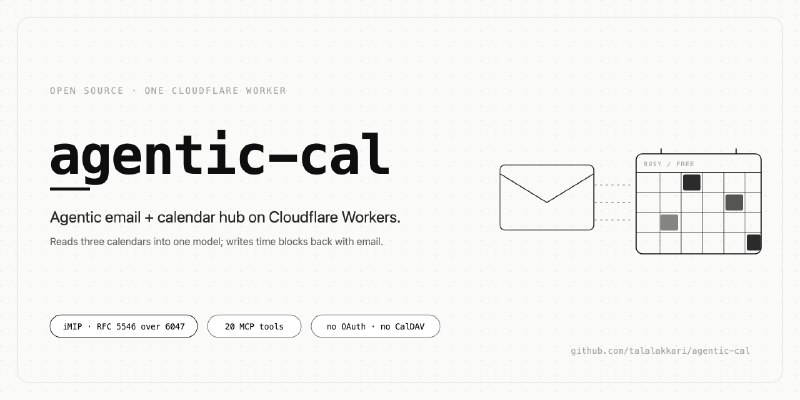 GitHub - talalakkari/agentic-cal: Agentic email + calendar hub on Cloudflare Workers. One Worker owns your domain's email surface:…