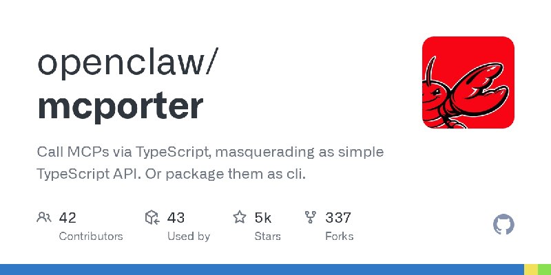 GitHub - openclaw/mcporter: Call MCPs via TypeScript, masquerading as simple TypeScript API. Or package them as cli.